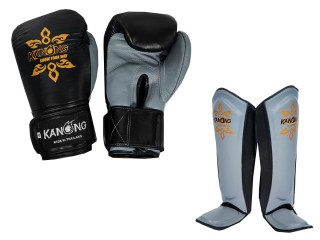 Kanong äkta läder Boxning Handskar + Benskydd Muay Thai : Svart/Grå